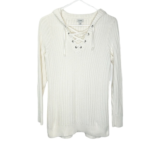L.L. Bean Lace Up Hooded Sweater‎ Women's XS Ivory Cotton #503638 - Picture 1 of 6